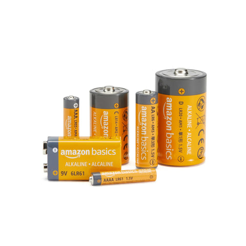 Assorted Amazon Basics alkaline batteries including D, AAA, AA, and 9V sizes displayed together