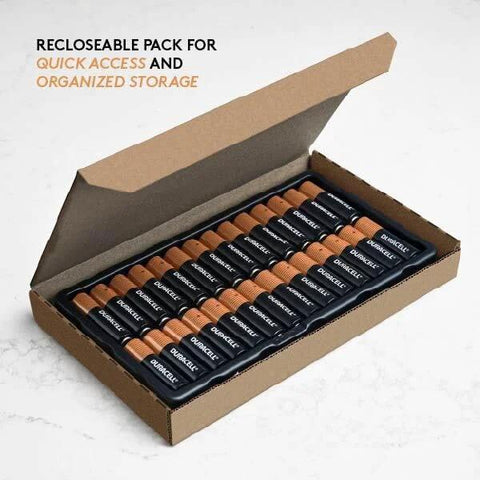Opened box displaying 28 Coppertop AA Alkaline Batteries With Power Boost Long Lasting Reclosable Pack.