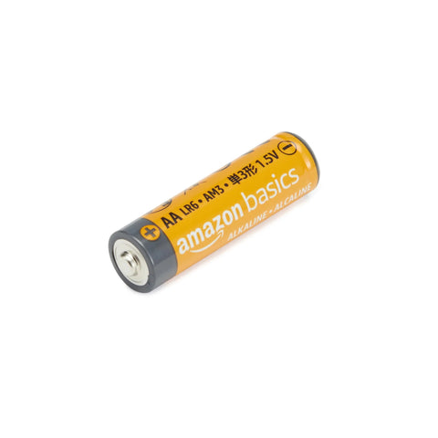 Single AA alkaline battery showing close-up view, part of the 48-Pack AA Alkaline Batteries Deliver Long-Lasting Power With 10-Year Shelf Life.