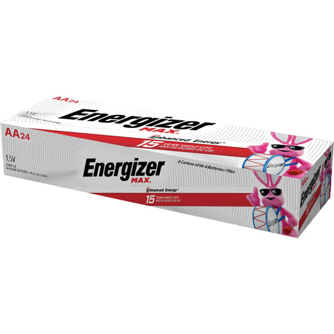 Max Alkaline AA Batteries 24 Pack Long Lasting Power For Devices, Energizer packaging with pink mascot and product details.