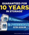 Two AA Powermax Ultra Alkaline batteries with 10-year storage guarantee, part of 24 Count AA Batteries Alkaline Long Lasting Power Reclosable Packaging.
