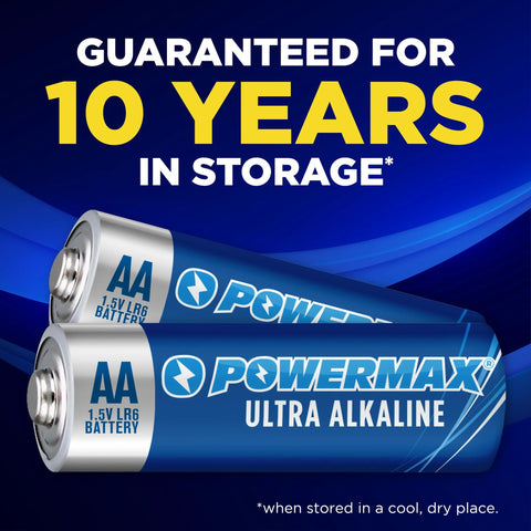 Two AA Powermax Ultra Alkaline batteries with 10-year storage guarantee, part of 24 Count AA Batteries Alkaline Long Lasting Power Reclosable Packaging.