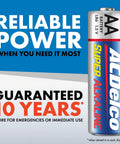Close-up of 24 Pack AA Batteries Super Alkaline Power packaging with reliable power and 10-year guarantee displayed.