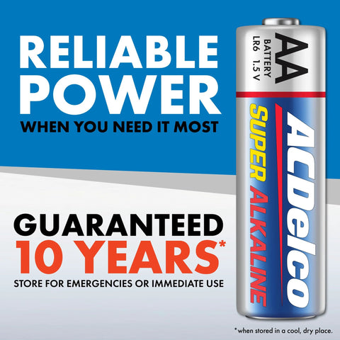 Close-up of 24 Pack AA Batteries Super Alkaline Power packaging with reliable power and 10-year guarantee displayed.