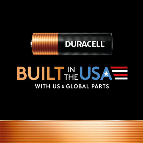 Duracell AA battery with text 'Built in the USA with US & Global Parts' on black background