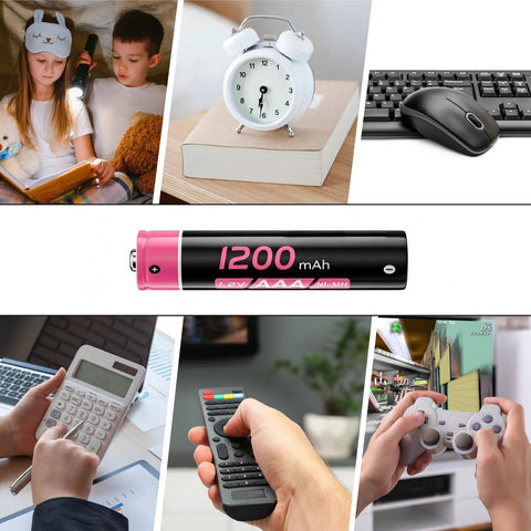 Collage showing devices powered by 8 Bay LED Battery Charger With 8 High Capacity 2800mAh AA Rechargeable Batteries