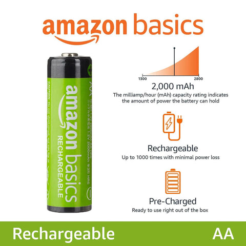 AA Rechargeable NiMH Batteries 2000 mAh Low Self Discharge 1000 Recharges 8 Pack with battery and feature icons