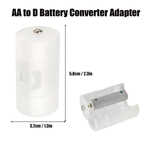 AA to D Battery Converter Adapter showing dimensions, part of the AAA to AA Battery Converter 12 Pack and AA to C and D Adapters 16 Pieces.