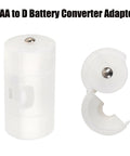 AA to D battery converter adapter in white plastic, open and closed, part of AAA to AA Battery Converter 12 Pack and AA to C and D Adapters 16 Pieces