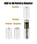 Diagram showing 4 Pack AAA to AA Battery Adapter Case with Metal Contacts for Emergency Use, illustrating positive and negative sides.