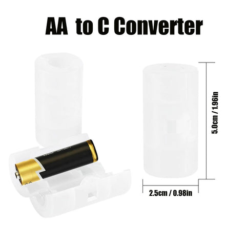 16 Piece Battery Converter Set AAA To AA And AA To C Adapters showing AA to C converter and dimensions