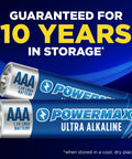 Close-up of Powermax AAA alkaline batteries with 10-year storage guarantee, part of 24 Pack AAA Alkaline Batteries Ultra Long Lasting