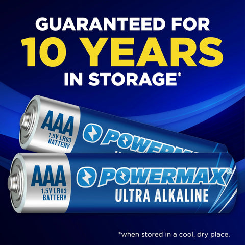 Close-up of Powermax AAA alkaline batteries with 10-year storage guarantee, part of 24 Pack AAA Alkaline Batteries Ultra Long Lasting