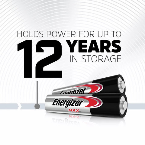 AAA Alkaline Batteries 12 Pack For Toys Remotes And More Long Lasting Power, 12 years storage life text, Energizer logo.