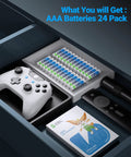 Open drawer showing 24-pack AAA Alkaline Batteries 1.5V Long Lasting Power For Devices Non Rechargeable, gaming controller, and remote.