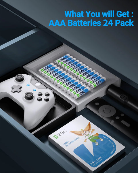 Open drawer showing 24-pack AAA Alkaline Batteries 1.5V Long Lasting Power For Devices Non Rechargeable, gaming controller, and remote.