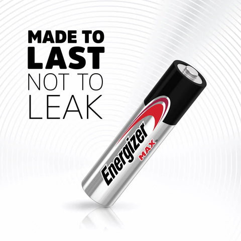 Energizer MAX AAA battery on white background with text Made to Last Not to Leak