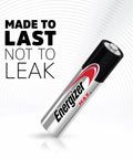 Close-up of a single AAA alkaline battery with text 'Made to Last Not to Leak,' part of a 12 pack for toys, remotes, and more.