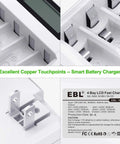 Close-up of individual LCD charger for Eight Pack AAA Rechargeable 1100mAh NiMH Batteries with copper touchpoints.
