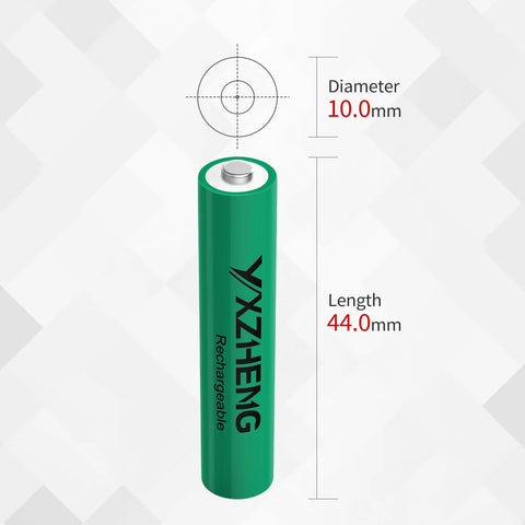 Close-up of a 8 Pack AAA NiMH Rechargeable Battery 1.2V 300mAh For Outdoor Solar Lights with dimensions marked.
