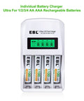 Eight Pack AAA Rechargeable 1100mAh NiMH Batteries With Individual LCD Charger, showing four batteries in charger with display.