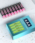 Eight black 1200mAh AAA batteries placed above a blue box labeled AAA on a speckled surface