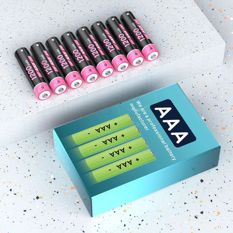 Eight black 1200mAh AAA batteries placed above a blue box labeled AAA on a speckled surface