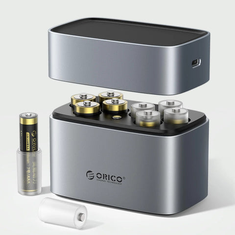 4 Pack AAA to AA Battery Adapter Case with Metal Contacts for Emergency Use, shown with AAA batteries and adapter in a sleek case