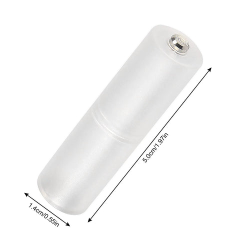 Clear AAA To AA Battery Adapter For Converting AAA Batteries To AA Size, illustrating dimensions and metal contact.