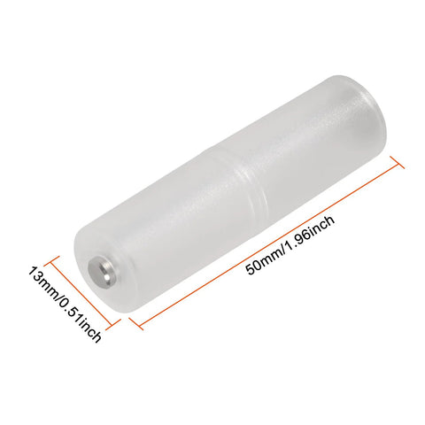 Clear AAA To AA Battery Adapter Converter Holder with Metal Contact Bottom Pack, showing dimensions and transparent construction.