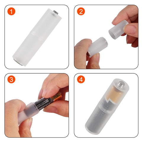 Clear AAA To AA Battery Adapter Converter Holder with Metal Contact Bottom Pack shown in assembly and usage steps