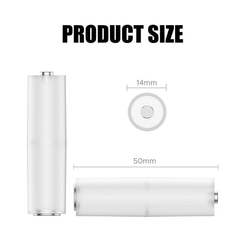 Product size dimensions of 4 Pack AAA to AA Battery Adapter Case with Metal Contacts for Emergency Use shown in side and top views.