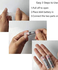 Hands demonstrating 3 steps to use 40 Pcs AAA to AA Battery Adapters Converting AAA to AA with Secure Metal Contact.