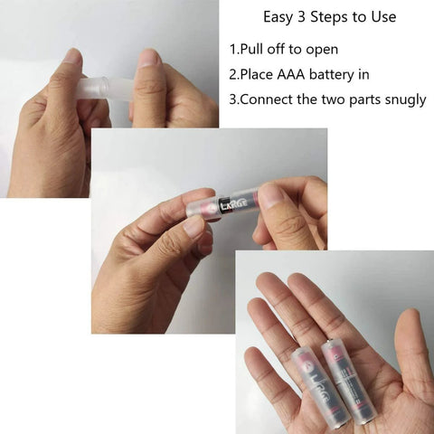 Hands demonstrating 3 steps to use 40 Pcs AAA to AA Battery Adapters Converting AAA to AA with Secure Metal Contact.