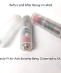 40 Pcs AAA to AA Battery Adapters with secure metal contact, demonstrating before and after conversion to AA size in white ABS.