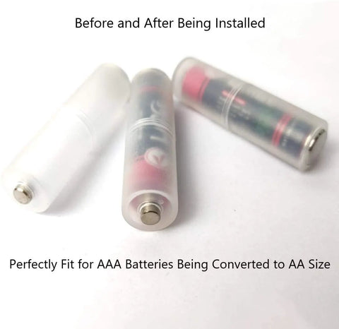 40 Pcs AAA to AA Battery Adapters with secure metal contact, demonstrating before and after conversion to AA size in white ABS.