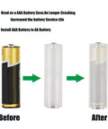 AAA to AA Battery Converter 12 Pack showing conversion process of turning AAA battery into AA size using adapter