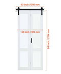 Bifold Barn Door 36 by 84 Inches With Frosted Glass Panels and Header Rail Kit, space saving design, white finish