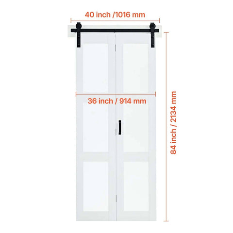 Bifold Barn Door 36 by 84 Inches With Frosted Glass Panels and Header Rail Kit, space saving design, white finish