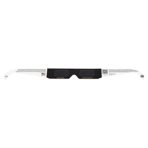 Front view of AAS Approved ISO and CE Solar Eclipse Glasses for 2026 Total Eclipse in Spain showing safety labels and black lenses.