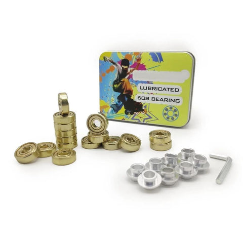 ABEC 9 High Speed 608zz inline skate bearing with spacer, chrome steel, 7 ball bearing, dual dust covers in a colorful package.