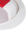 Close-up of Burger Press Patty Maker Nonstick Mold handle, red and white ABS plastic, part of Easy Grill Tool.