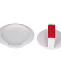 Burger Press Patty Maker Nonstick Mold for Sliders and Stuffed Burgers Heavy Duty ABS Plastic tool with a red handle top view