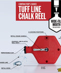 Durable ABS Tuff Line contractor chalk reel with red ABS housing, visible braided line, and metal crank handle, ideal for precise marking.
