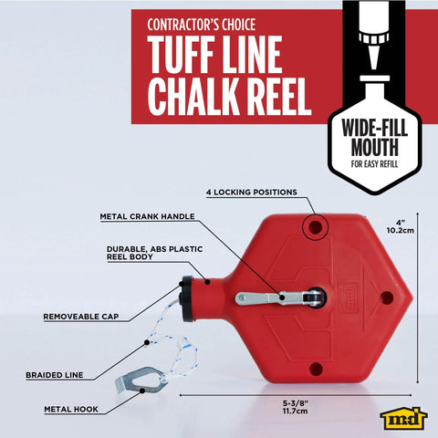 Durable ABS Tuff Line contractor chalk reel with red ABS housing, visible braided line, and metal crank handle, ideal for precise marking.