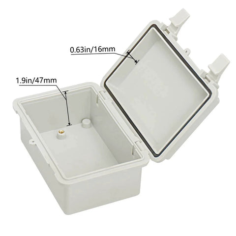 IP65 Waterproof ABS Plastic Electrical Box With Hinged Lid And 2 Cable Glands Gray Outdoor Enclosure For Electronics Weatherproof 5.9 X 3.9 X 2.8 Inch Box Durable ABS Case For DIY Projects open view with visible measurements inside