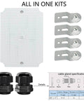 All Weather Built To Last IP67 Waterproof ABS Electrical Enclosure With Hinged Cover And Stainless Steel Latch Two Cable Glands Mounting Plate And Wall Bracket Indoor Outdoor Project Box 8.7 By 6.7 By 4.3 Inches parts display with mounting hardware and cable gland diagram view.
