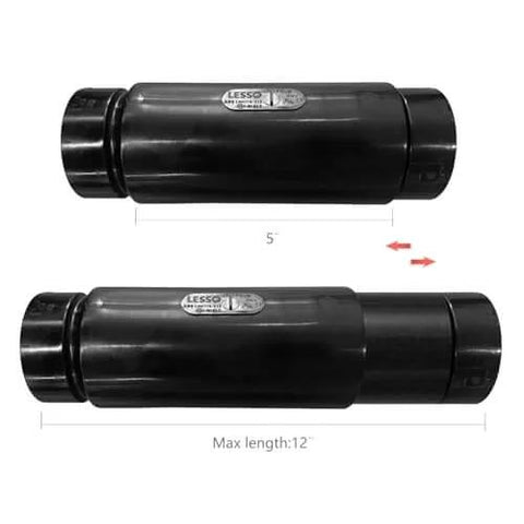 ABS Expansion Joint 1.5 Inch By 1.5 Inch For Pipe Fittings Ultra Premium ABS Plastic Real Furniture Grade Weather And Impact Resistant Adjustable 1.5 Inch Offset For Easy Drain Pipe Alignment Smooth Interior Reducing Friction, showing front view and variable length from 5 to 12 inches.