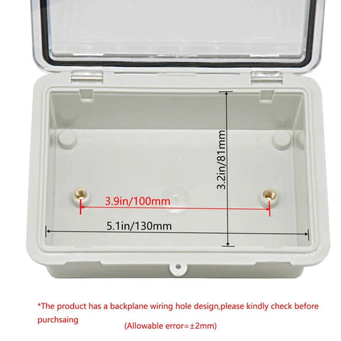 Outdoor ABS Plastic Electrical Junction Box IP65 Weatherproof Enclosure with Clear Hinged Cover showing interior measurements