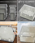 Collage of Outdoor ABS Plastic Electrical Junction Box IP65 Weatherproof Enclosures, showing various models, water resistance, shock proof, and dustproof features.